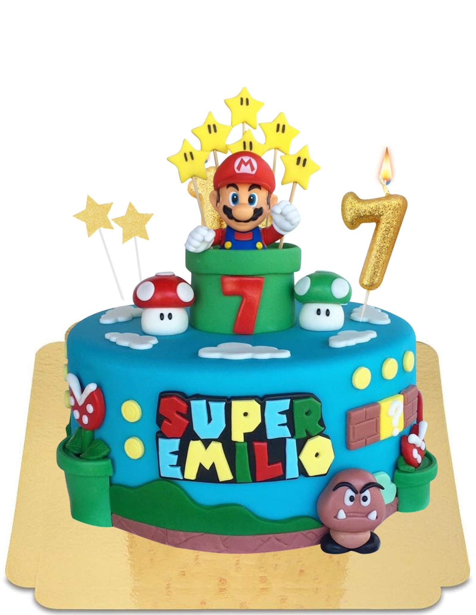 Torta Mario con statuina e decorazione in pasta di zucchero vegana